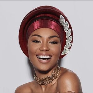 Elegant Red Headwrap with Leaf Embellishment